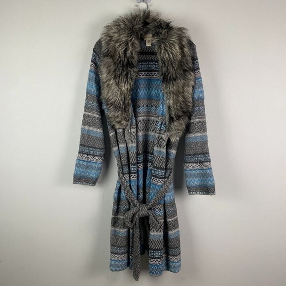 Chicos Faux-Fur Elaine Cardigan 2 US L Fair isle Multicolor Intarsia Stripe - Picture 1 of 10